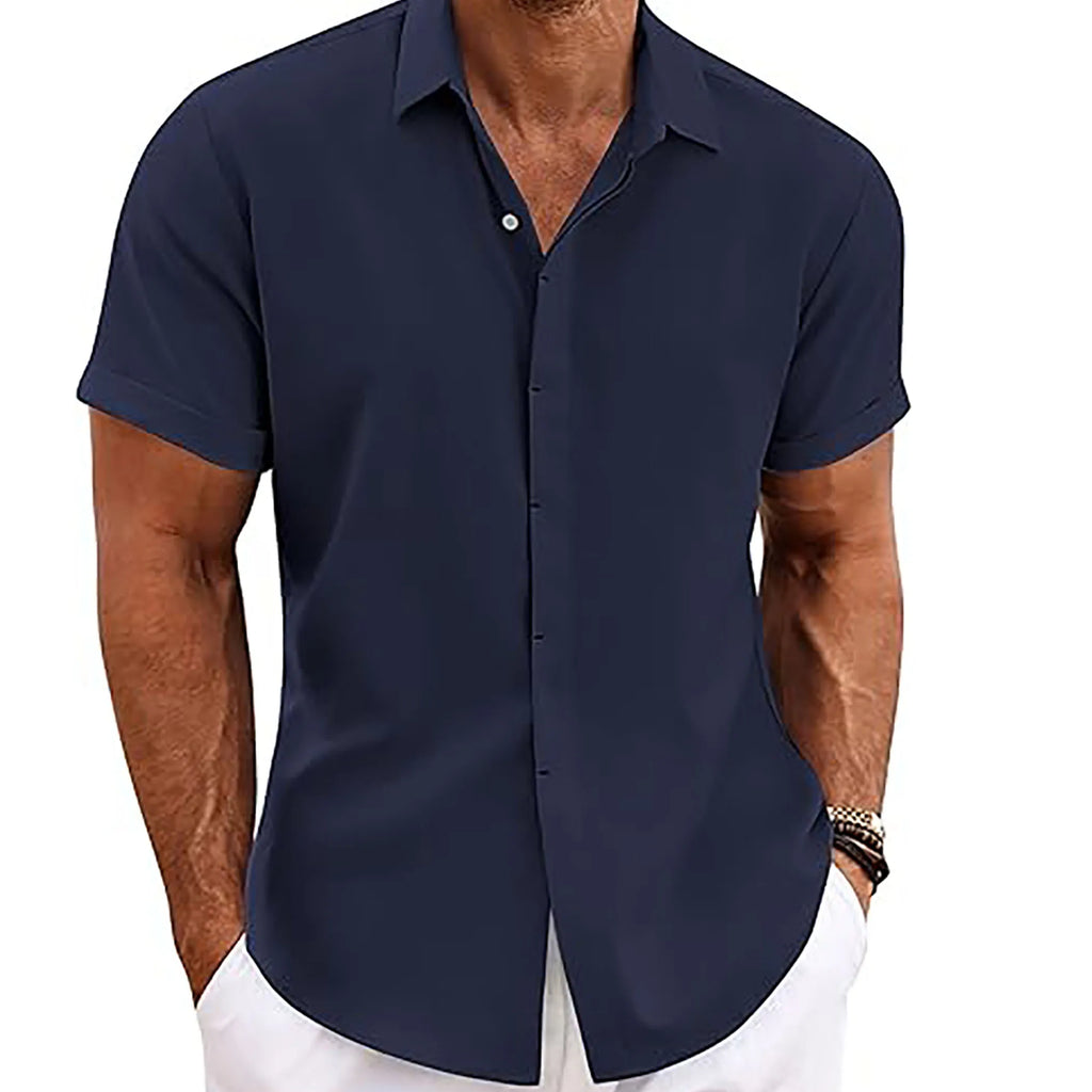 MenLinen Shirt Short Sleeve Button Down Casual Summer Beach Wedding Shirt Loose Fit Cotton Linen Solid Color Tops