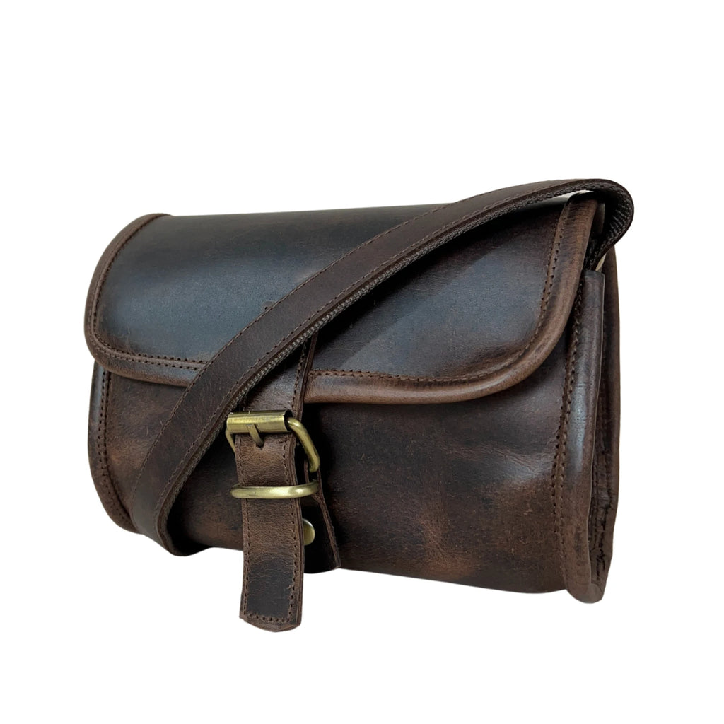 Women's Buffalo Hide Durable Lightweight Zipper Closure Small Round Brown Shoulder Crossbody Bag Sling Purse Handmade