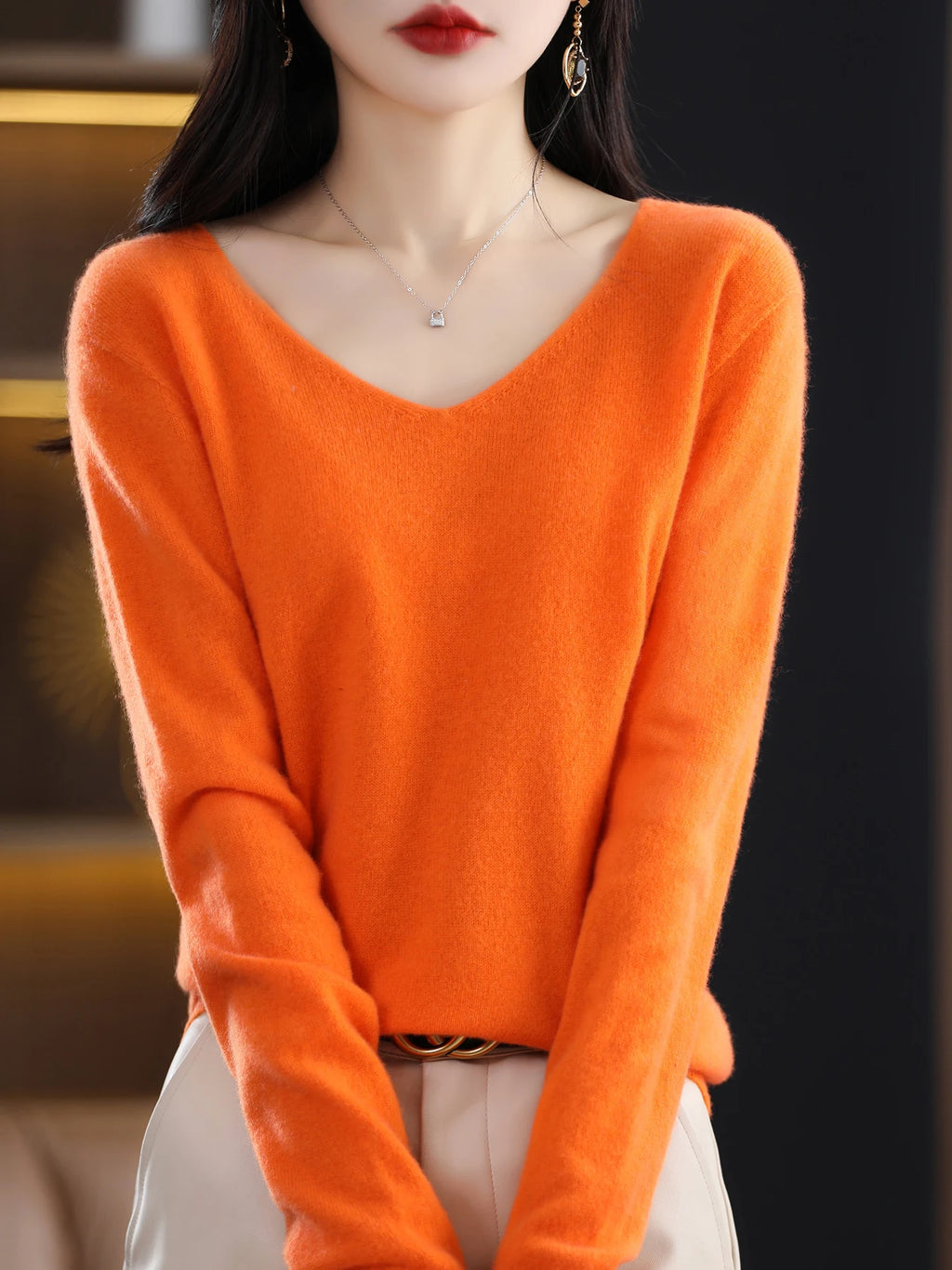 Sweater for Women 100% Merino Wool V Neck Sweater Fall Winter Basic Warm Pullovers Long Sleeve Soft Knit Jumpers Female Clothing
