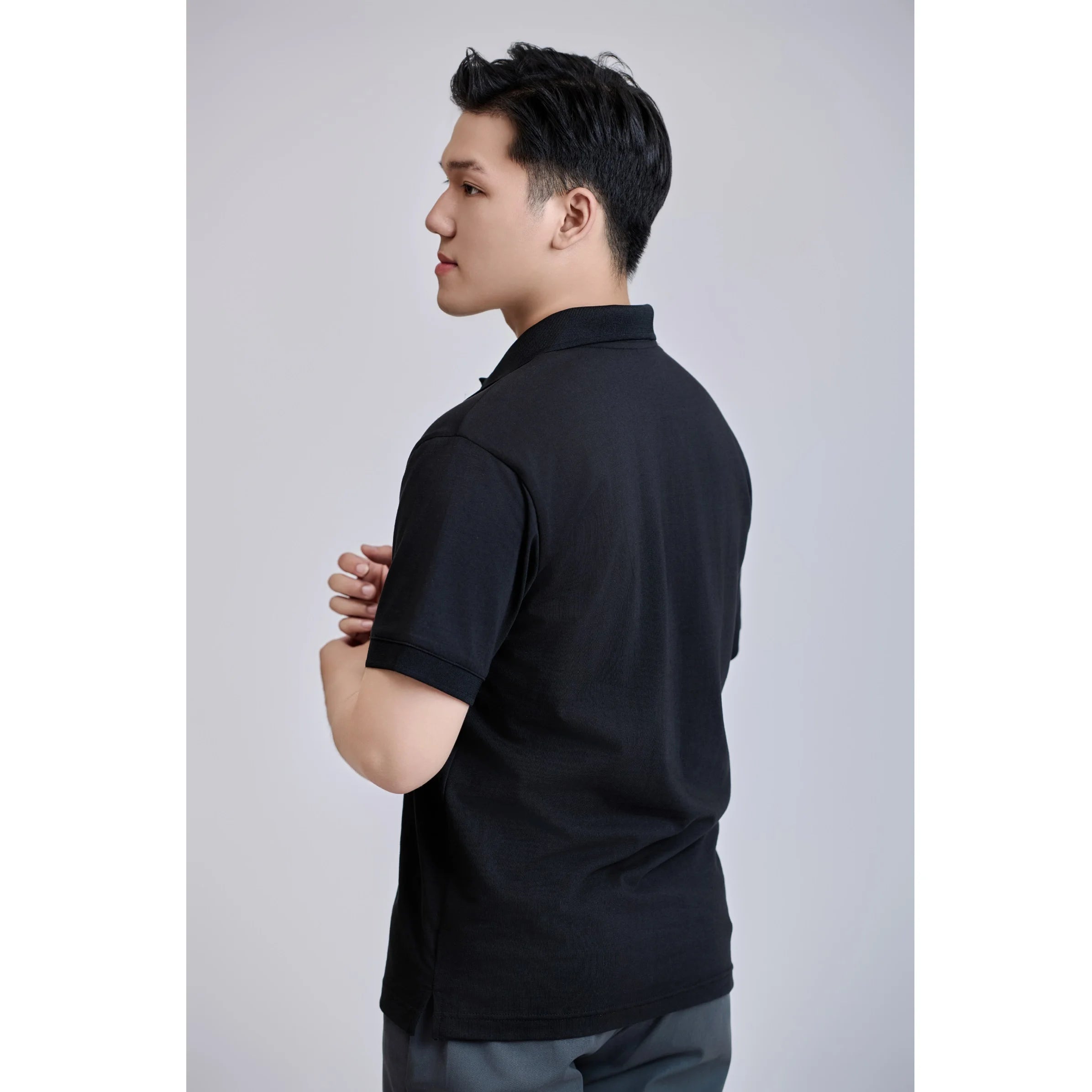 Shirt Black Front 200 Grams Casual Short Sleeve Vietnamese Made Button Regular Knitted TC 60% Cotton +40% Polyester