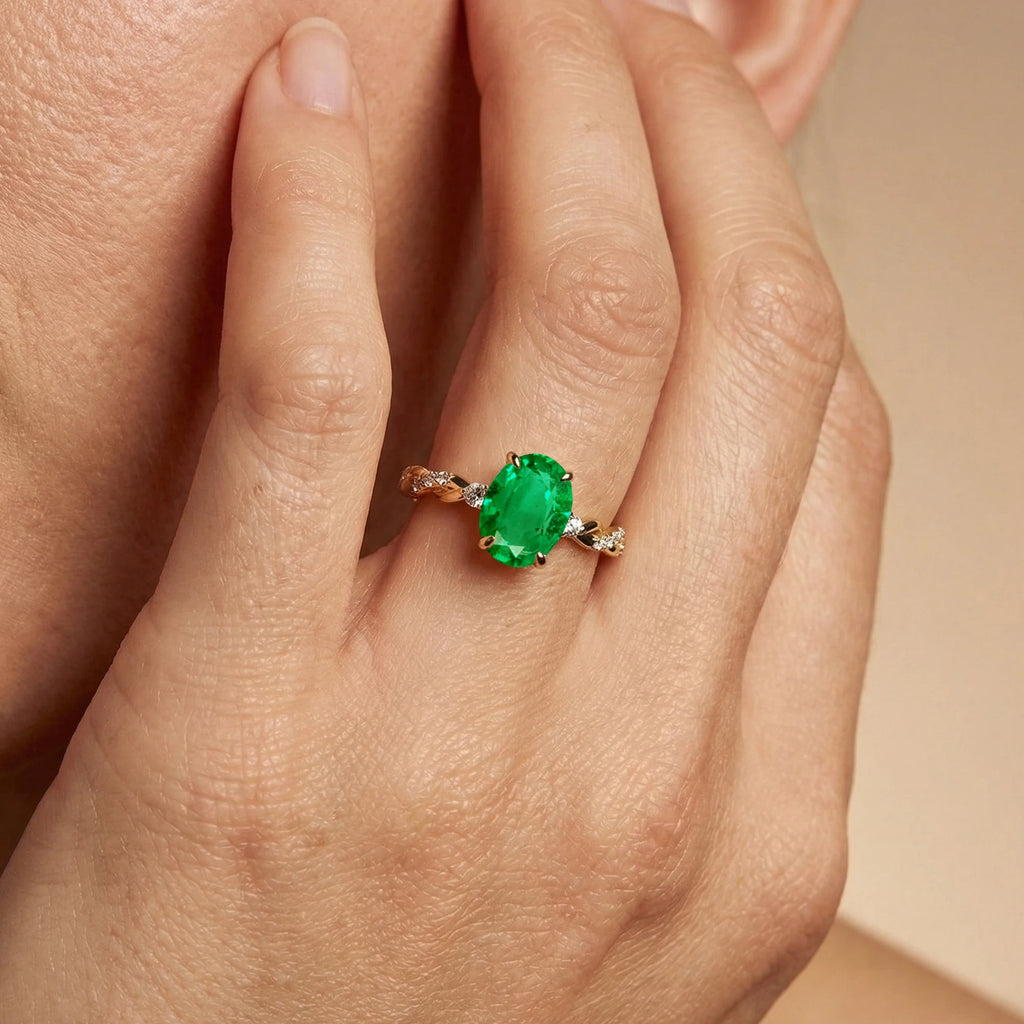 Wedding Statement Rings Lab Grown Emerald Gemstone Real White Diamonds 18kt Solid Rose Yellow Gold Rhodium Plated Bulk