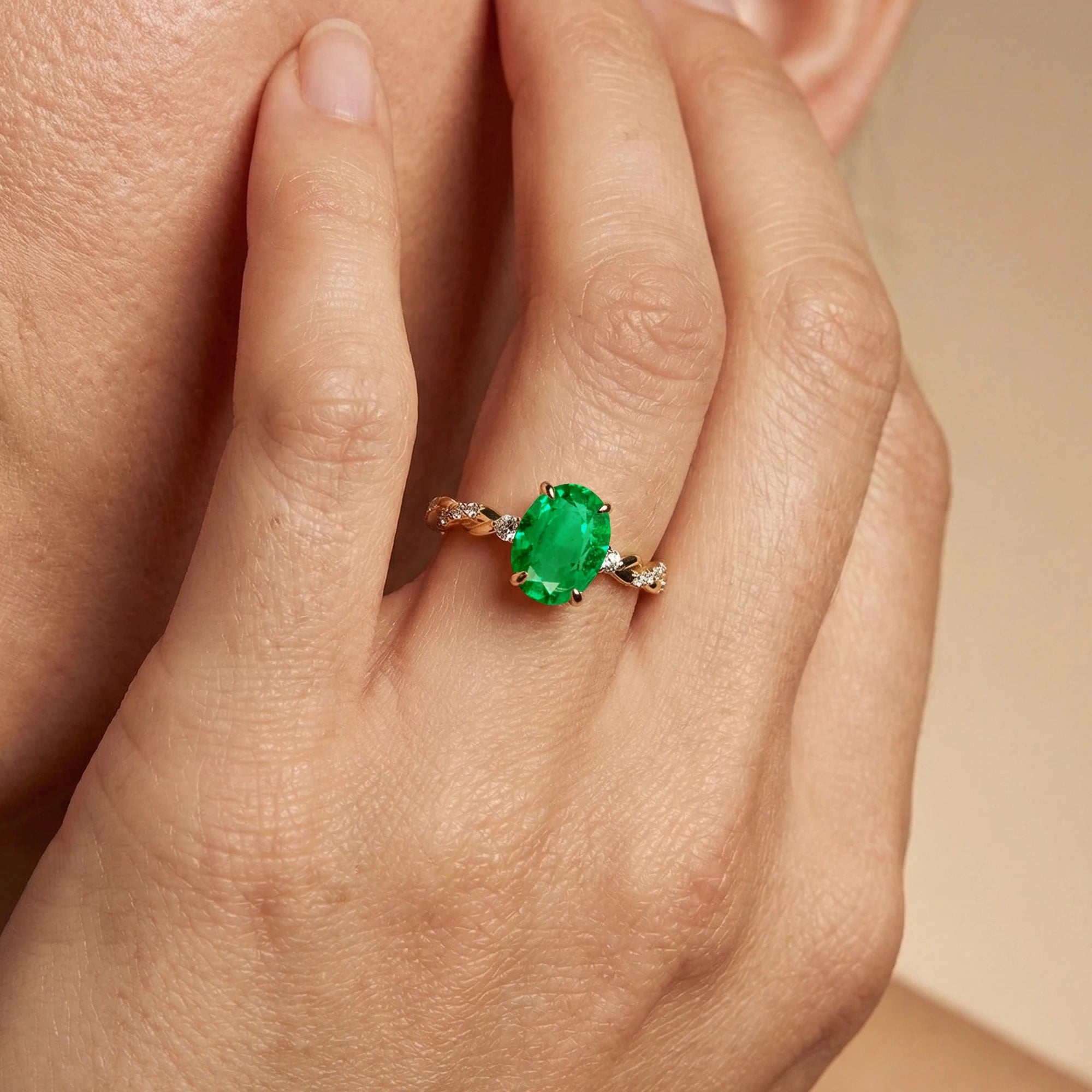 Wedding Statement Rings Lab Grown Emerald Gemstone Real White Diamonds 18kt Solid Rose Yellow Gold Rhodium Plated Bulk