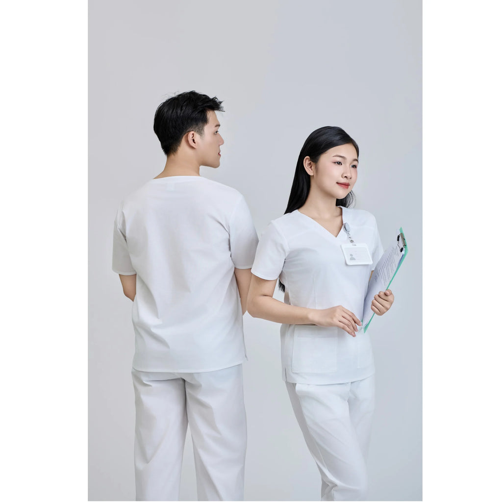 Unisex Medical Scrub White Set Fabric Needle Detection 52 Cotton 45 Polyester 3 Spandex WFX CVC FMF Vietnamese OEM