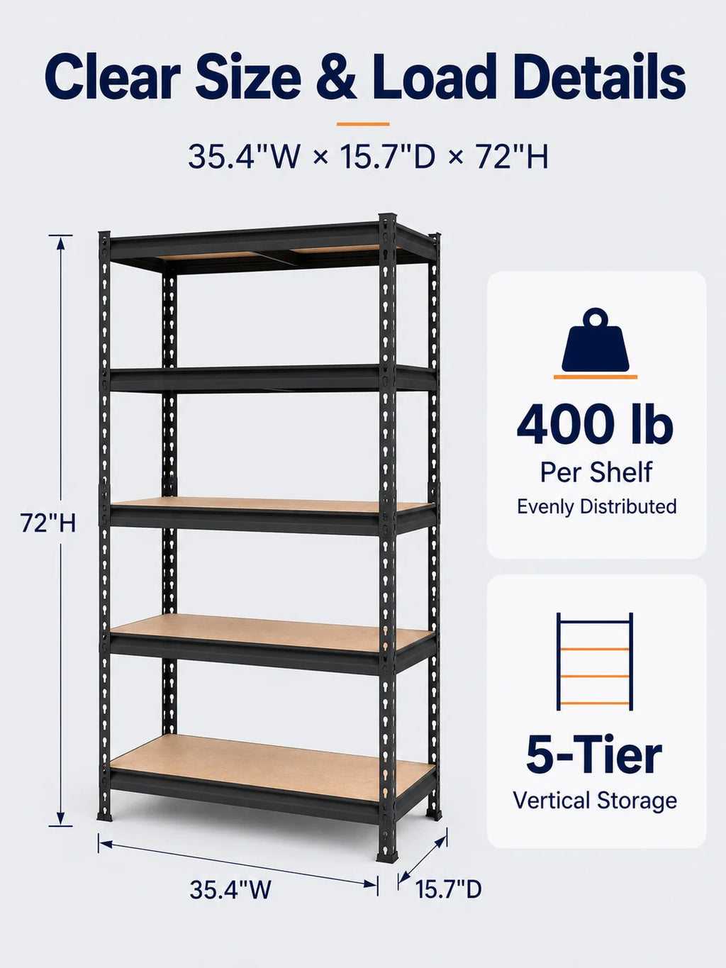 Heavy Duty Metal Storage Rack 5 Tier Adjustable Utility Shelving Unit with MDF Board Garage Organizer Tool Shelf for Basement Warehouse Kitchen Pantry Closet Multi-Purpose Storage Display Rack