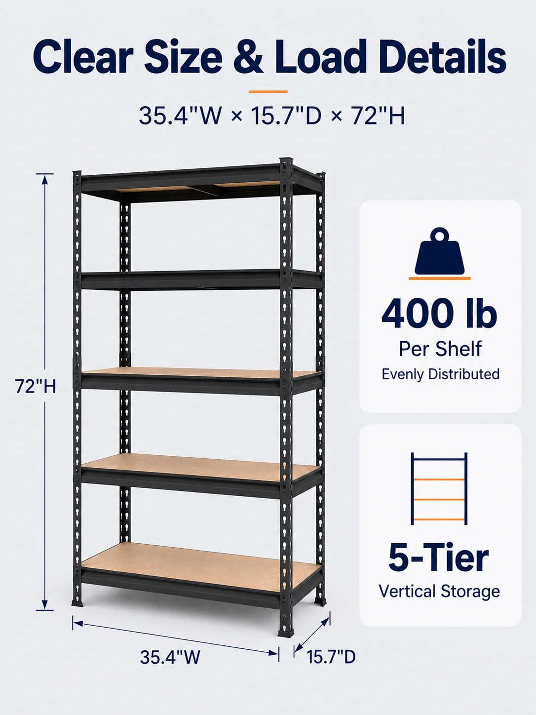 Heavy Duty Metal Storage Rack 5 Tier Adjustable Utility Shelving Unit with MDF Board Garage Organizer Tool Shelf for Basement Warehouse Kitchen Pantry Closet Multi-Purpose Storage Display Rack