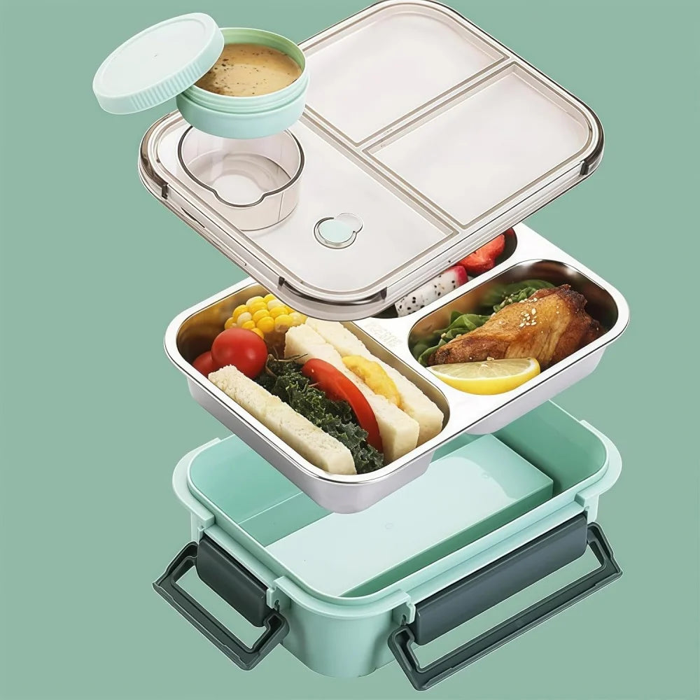 304 Stainless Steel Lunch Box with Tableware for Adults Kids Leakproof Lunch Container Portable Grids Bento Box Food Containers