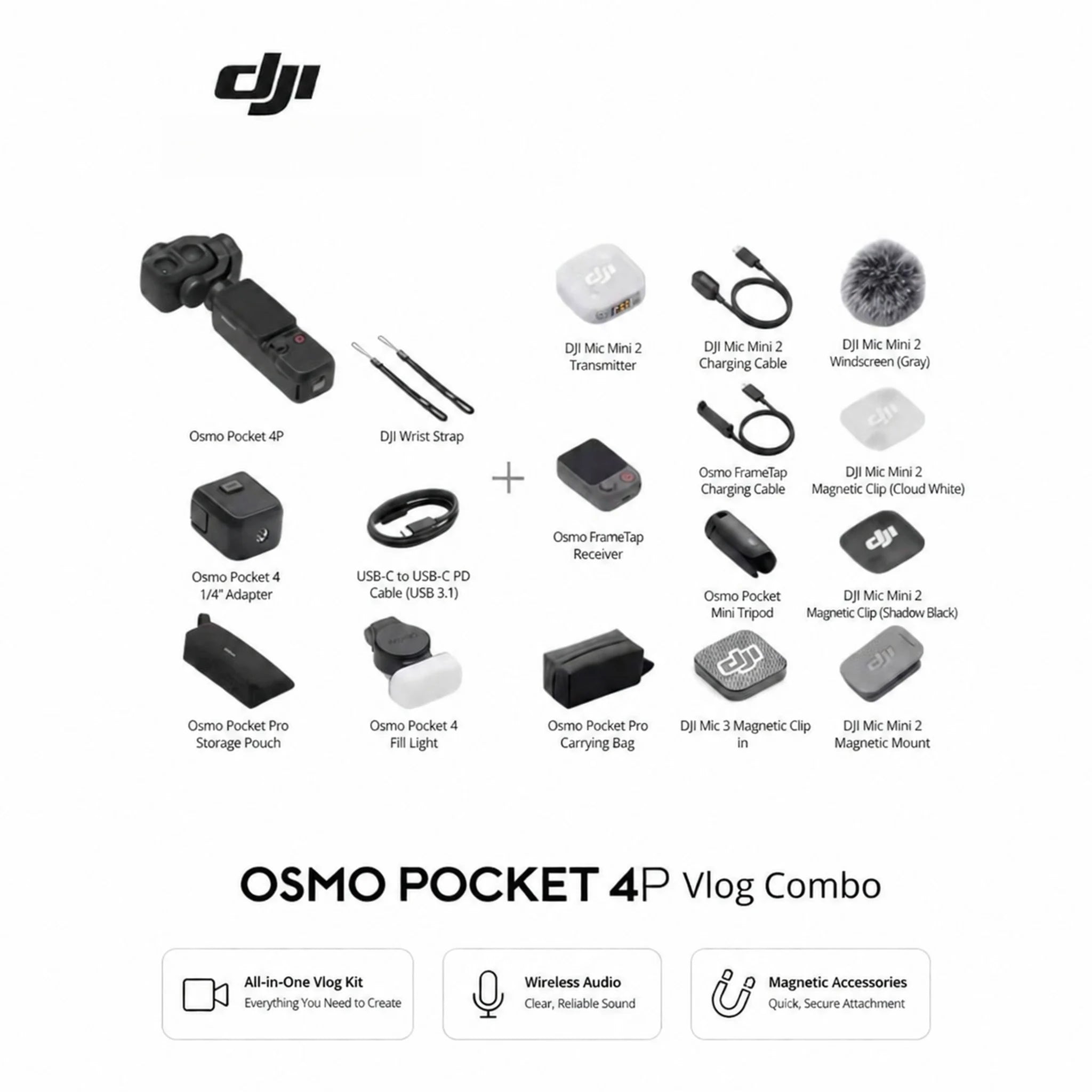 DJI Osmo Pocket 4P Vlog Combo, 3-Axis Stabilized, 4K 60fps Pocket Camera with Built-inGimbal, Portable Vlogging Camera for Travel & Content Creation