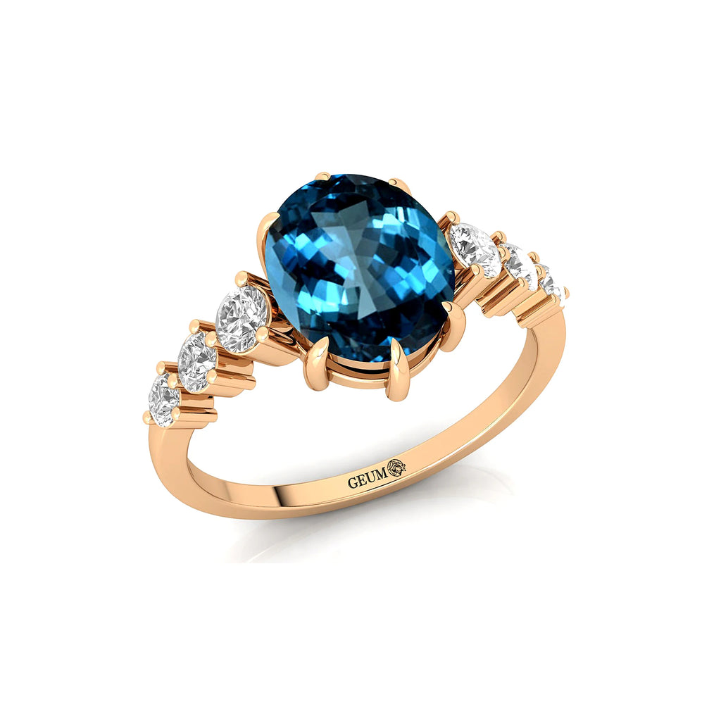 Elegant Design Oval Cut Natural London Blue Topaz Gemstone Cluster Rings in 18k Solid Gold With Real Diamonds Fine Bridal Rings
