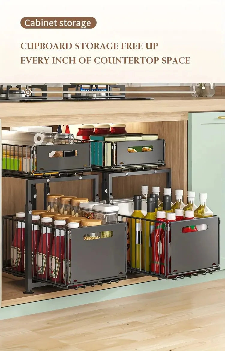 2 Tier Pull Out Cabinet Organizer Drawer Height Adjustable Kitchen Rack for Cabinet Under Sink Organizer Spice Jar Storage Shelf