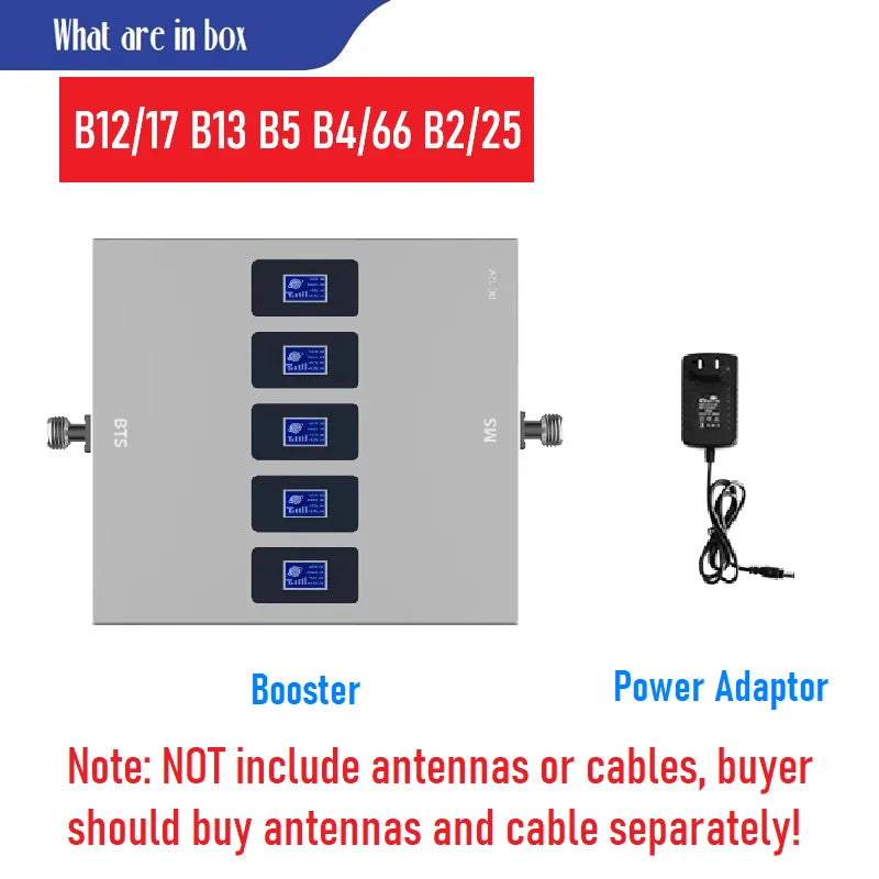 5-Band Cell Phone Boosters B12 B13 B17 B5 B4 B2 B25 B66 Cellular Signal Amplifier Boost Repeater for Verizon AT&T T-Mobile