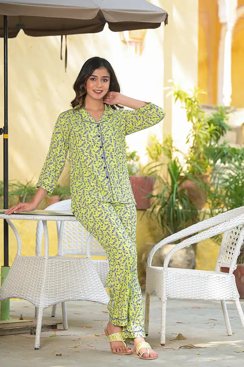 Green Floral Printed Rayon Night Suit Women Shirt Collar 3/4th Sleeves Eco-Friendly Summer Wear Soft Comfortable Fabric Formal
