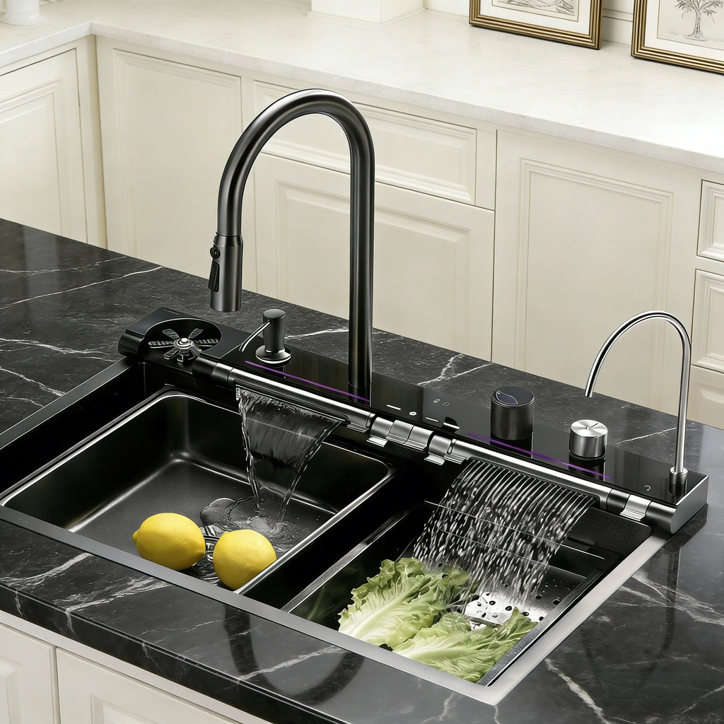 Broncho 29.5"×17.7" Waterfall Kitchen Sink SUS304 Stainless Steel Single Bowl Workstation Sink with LED Digital Display 5‑Mode Piano Faucet Full Installation Accessories