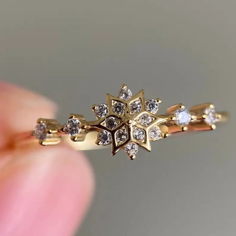 925 Sterling Silver Snowflake Ring Gold Plated Minimalist White Moissanite Engagement Wedding Ring Women Anniversary Gift