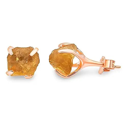 5-7mm Raw Citrine Stone Rose Gold Plated Prong Set Stud Earring Handmade Dainty Minimalist November Birthstone Jewelry for Women