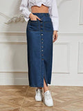 Women's Blue Stretch Denim Long Skirt With Multi-Breasted Details Slim And Sexy Style Casual And Fashionable Long Denim Skirt  F