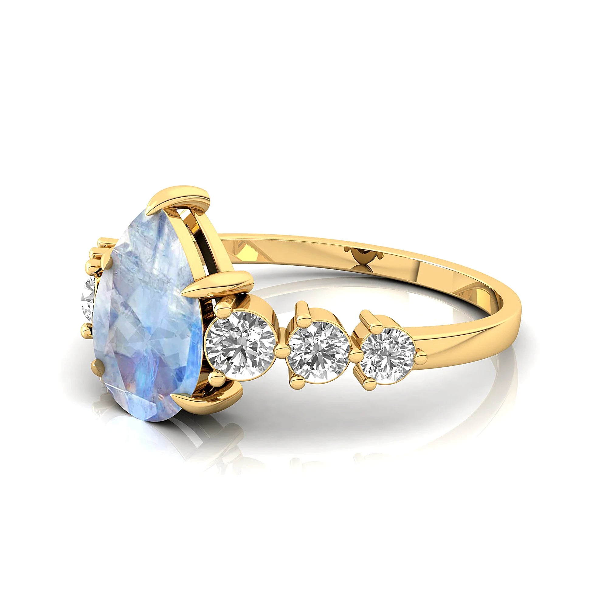 Fabulous Pear Shape Natural Rainbow Moonstone Gemstone Bridal Cluster Rings in 18k Solid Gold with Round Cut Real Diamonds Ring