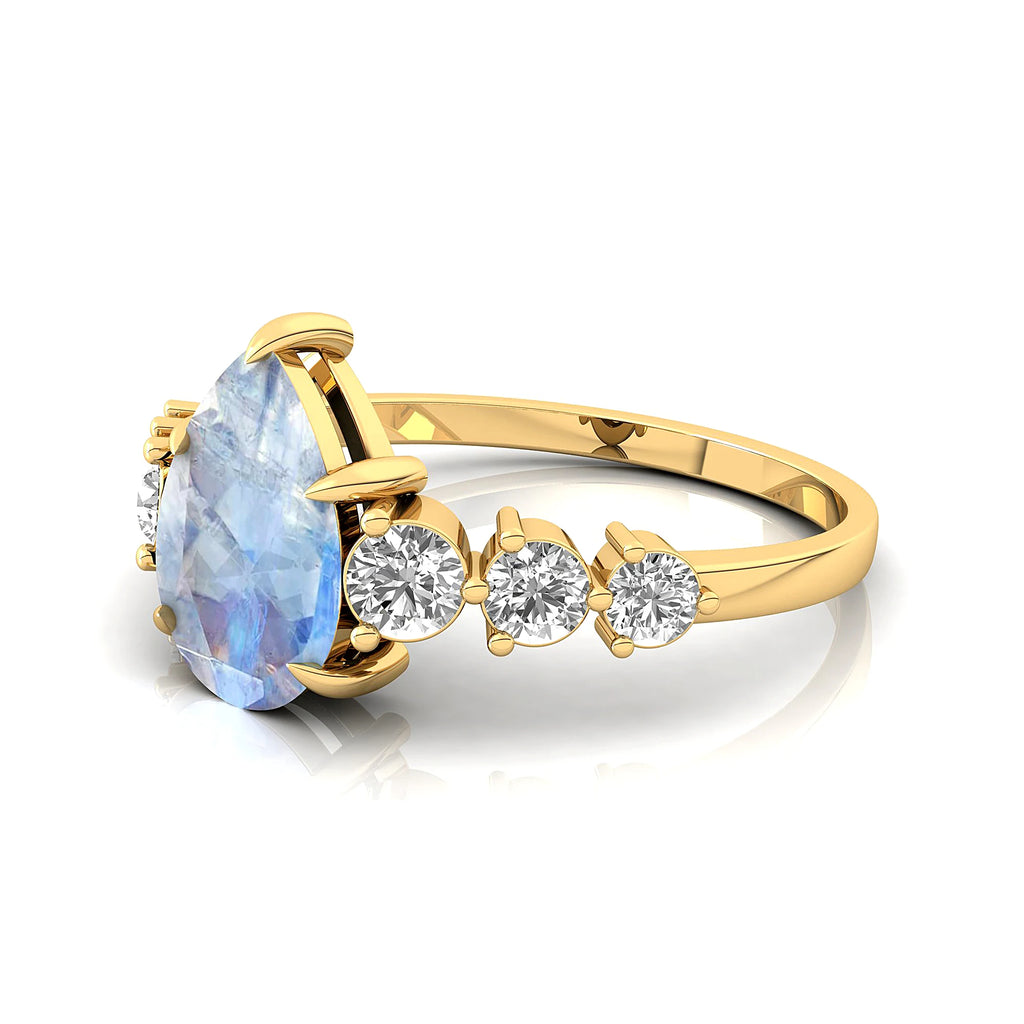 Fabulous Pear Shape Natural Rainbow Moonstone Gemstone Bridal Cluster Rings in 18k Solid Gold with Round Cut Real Diamonds Ring