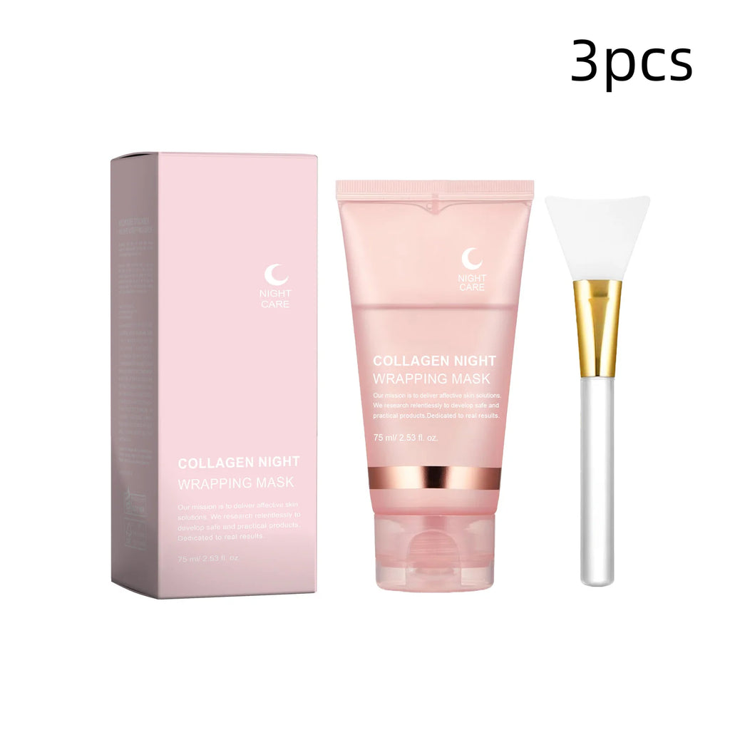 Collagen Night Wrapping Mask Deep Hydrating Firming Brightening Overnight Facial Skin Care Night Wrapping Mask with Brush 75g