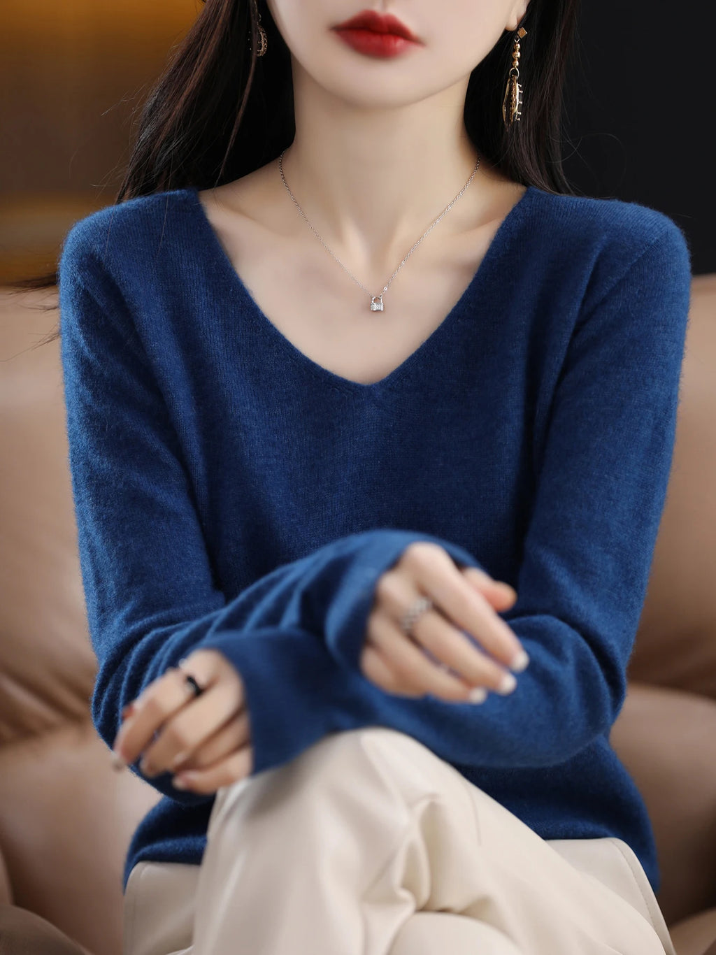 Sweater for Women 100% Merino Wool V Neck Sweater Fall Winter Basic Warm Pullovers Long Sleeve Soft Knit Jumpers Female Clothing
