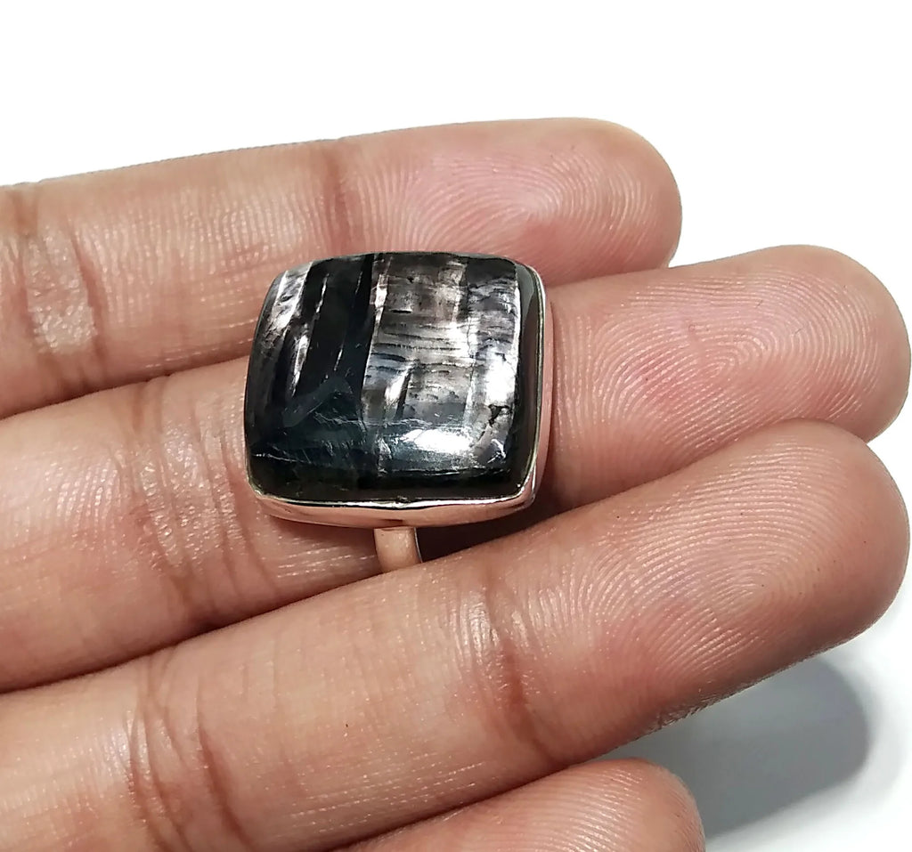 Natural Gray Hypersthene Gemstone 925 Sterling Silver Luxury Cushion Shape Statement Ring Party Wear Silver Jewelry for Women