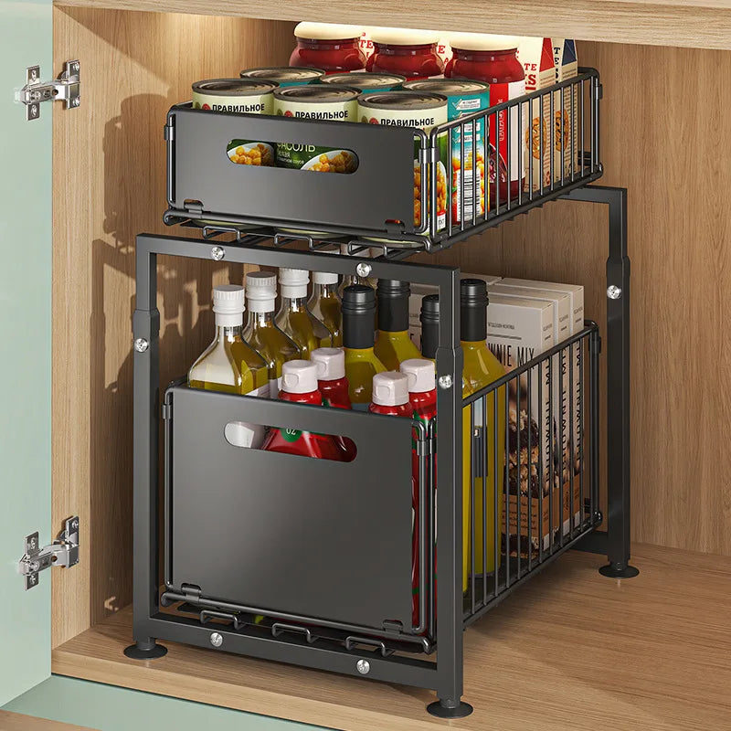 2 Tier Pull Out Cabinet Organizer Drawer Height Adjustable Kitchen Rack for Cabinet Under Sink Organizer Spice Jar Storage Shelf