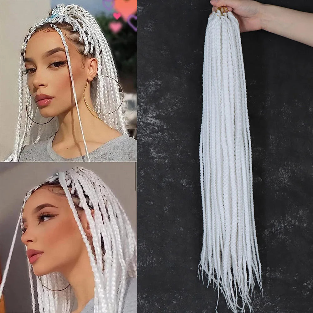 White 3X Box Braids Synthetic Crochet Hair 24Inch Crochet Braiding Hair Extensions Goddess Silver Blonde Braid Pre Looped Hair