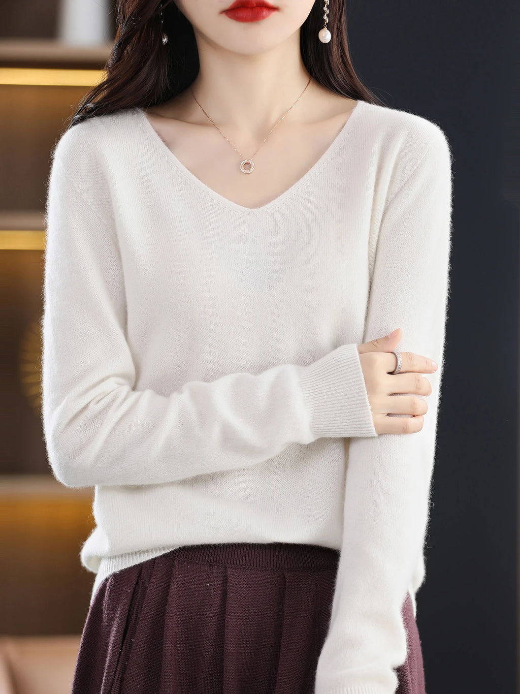 Sweater for Women 100% Merino Wool V Neck Sweater Fall Winter Basic Warm Pullovers Long Sleeve Soft Knit Jumpers Female Clothing