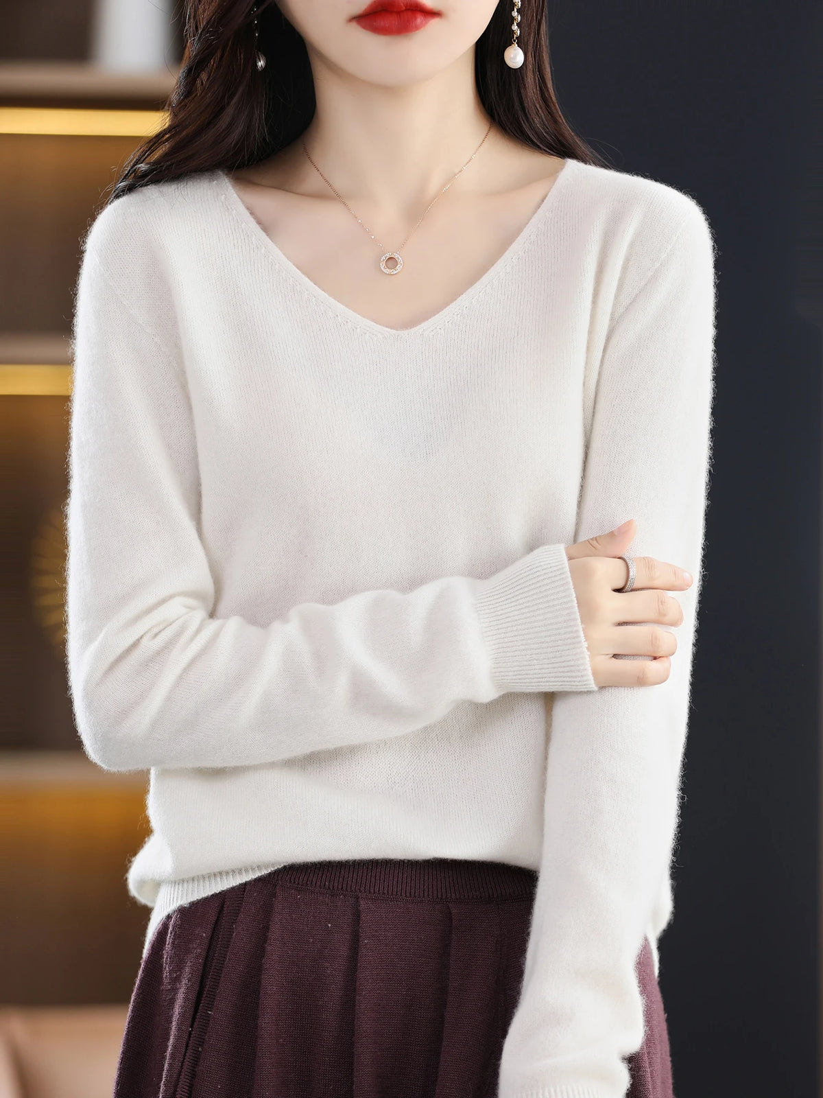 Sweater for Women 100% Merino Wool V Neck Sweater Fall Winter Basic Warm Pullovers Long Sleeve Soft Knit Jumpers Female Clothing