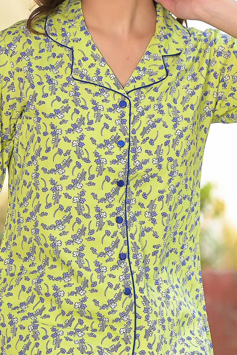 Green Floral Printed Rayon Night Suit Women Shirt Collar 3/4th Sleeves Eco-Friendly Summer Wear Soft Comfortable Fabric Formal