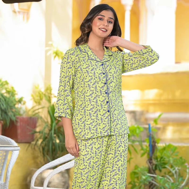 Green Floral Printed Rayon Night Suit Women Shirt Collar 3/4th Sleeves Eco-Friendly Summer Wear Soft Comfortable Fabric Formal