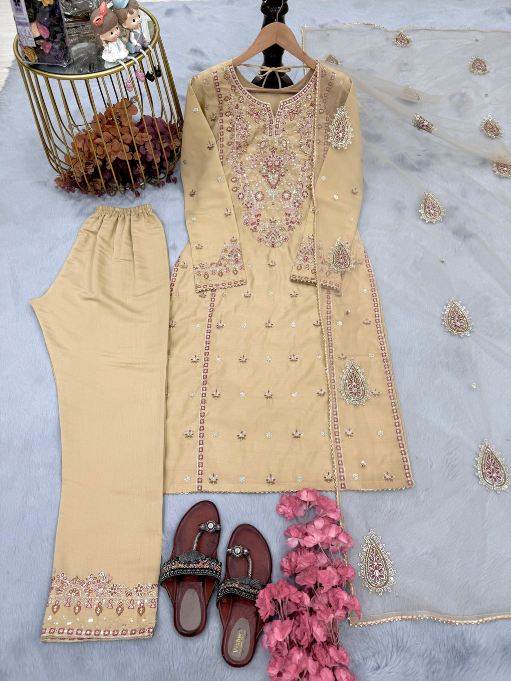 Women Vintage Designer Beige Embroidered Kurta Pant Dupatta Set Premium Festive Ethnic Wear All Seasons