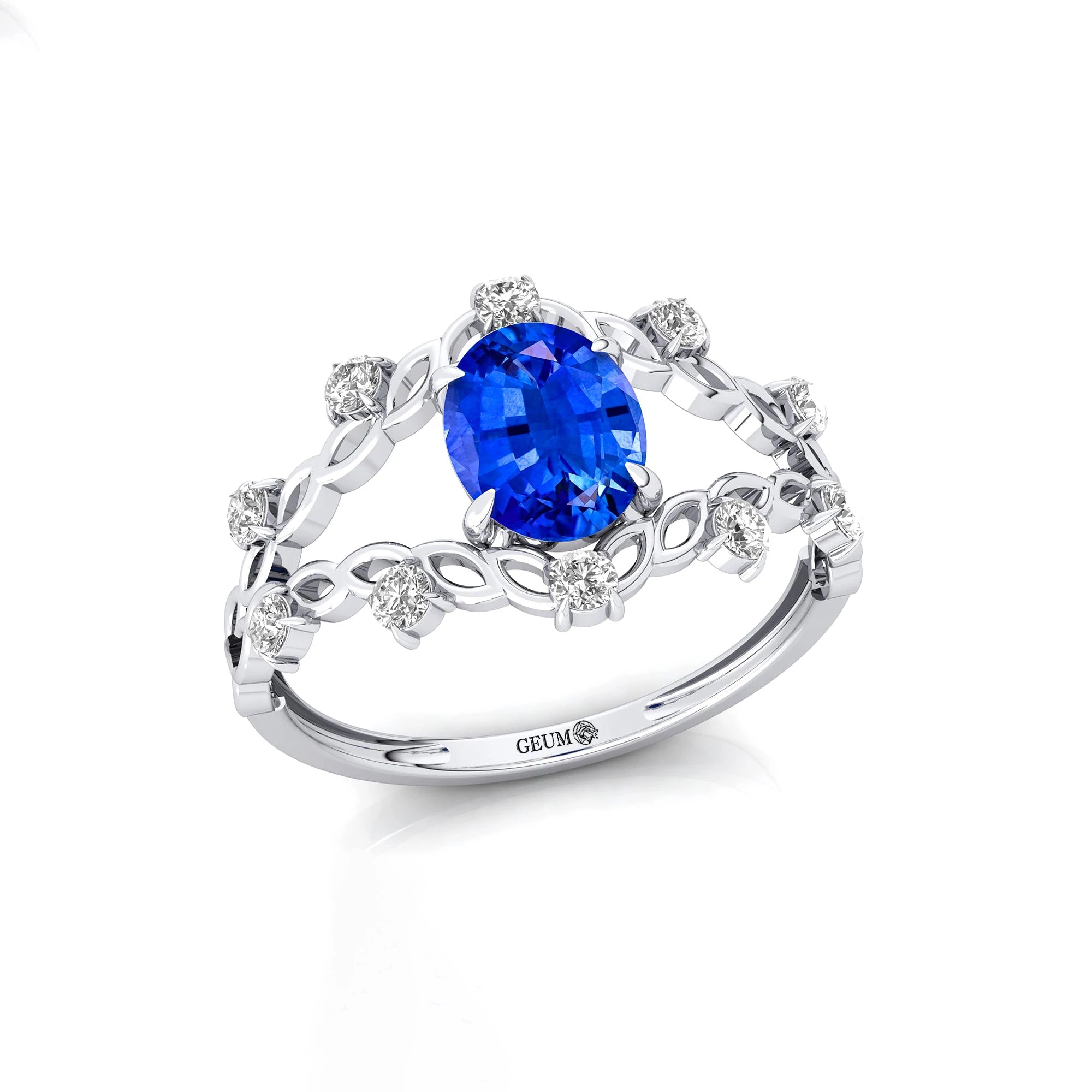 14kt Gold Lab Grown Blue Sapphire Gemstone & Real Diamonds Ring Prong Sett Split Shank Design Classic Wedding Statement Rings