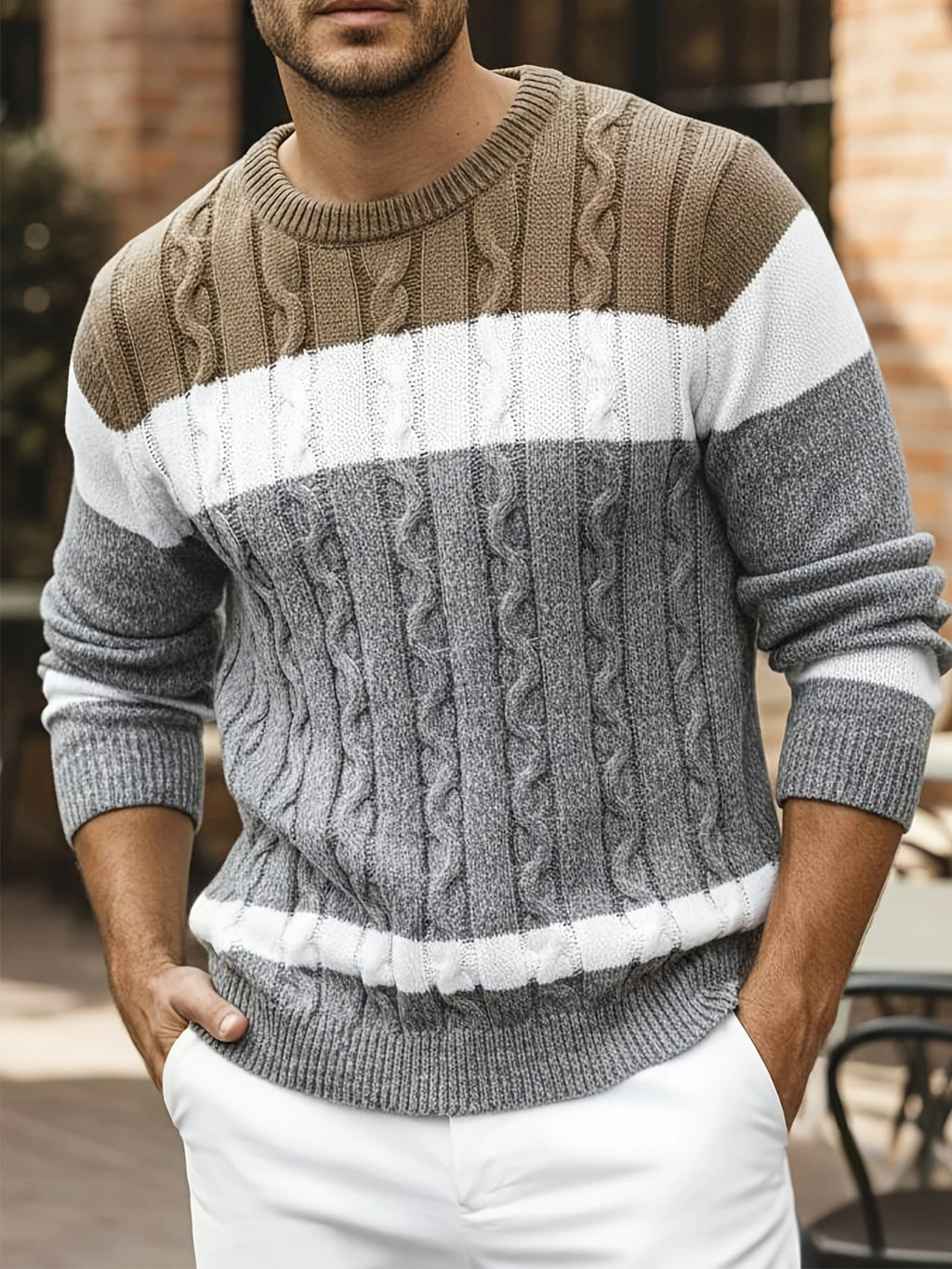 New Autumn And Winter Men's Contrasting Color Round Neck Pullover Loose Sweater Trendy Casual Warm Knit Comfortable Base Sweater