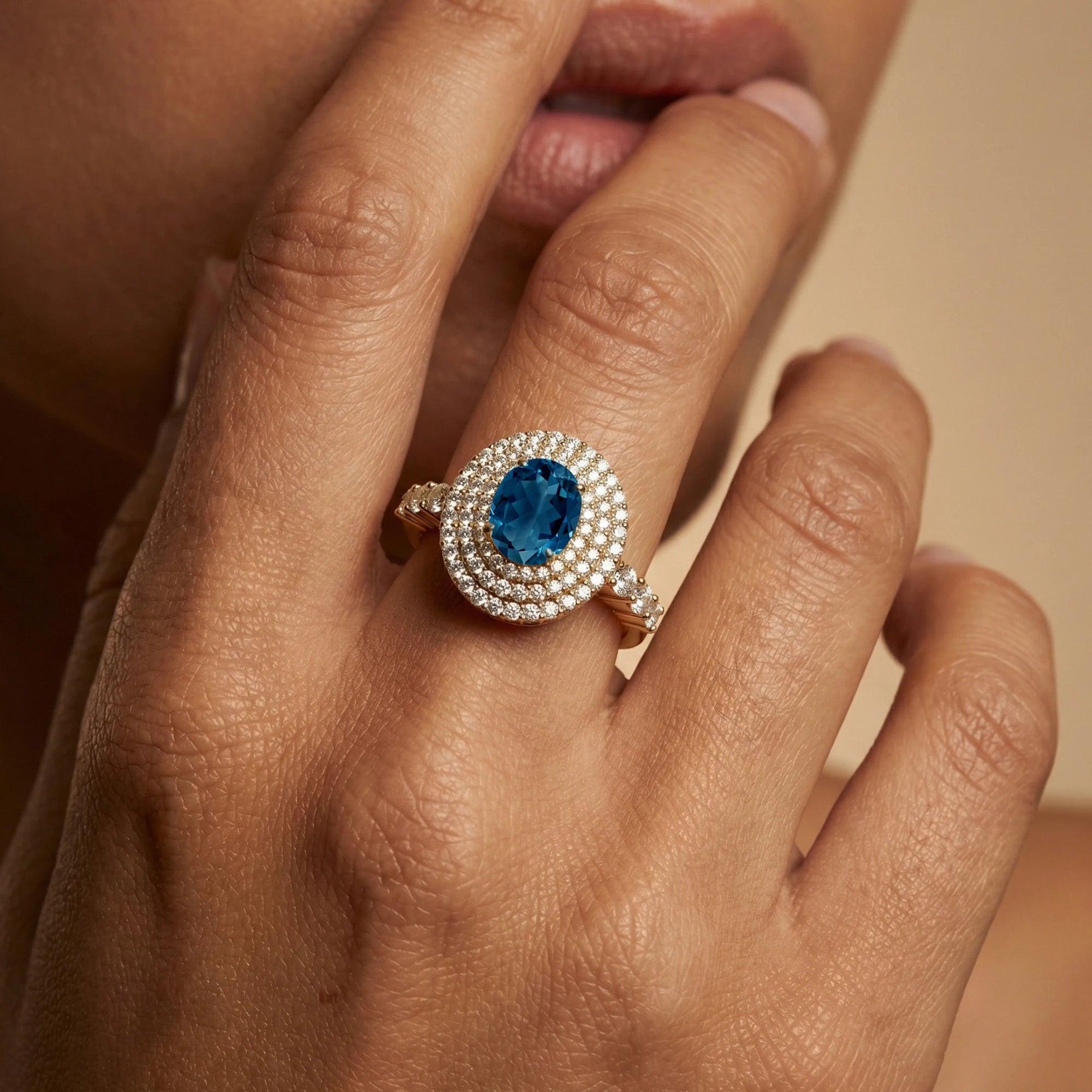 100% Natural London Blue Topaz Gemstone Halo Style Engagement Rings in 18kt Solid Gold Studded With Round Cut Diamonds Jewelry