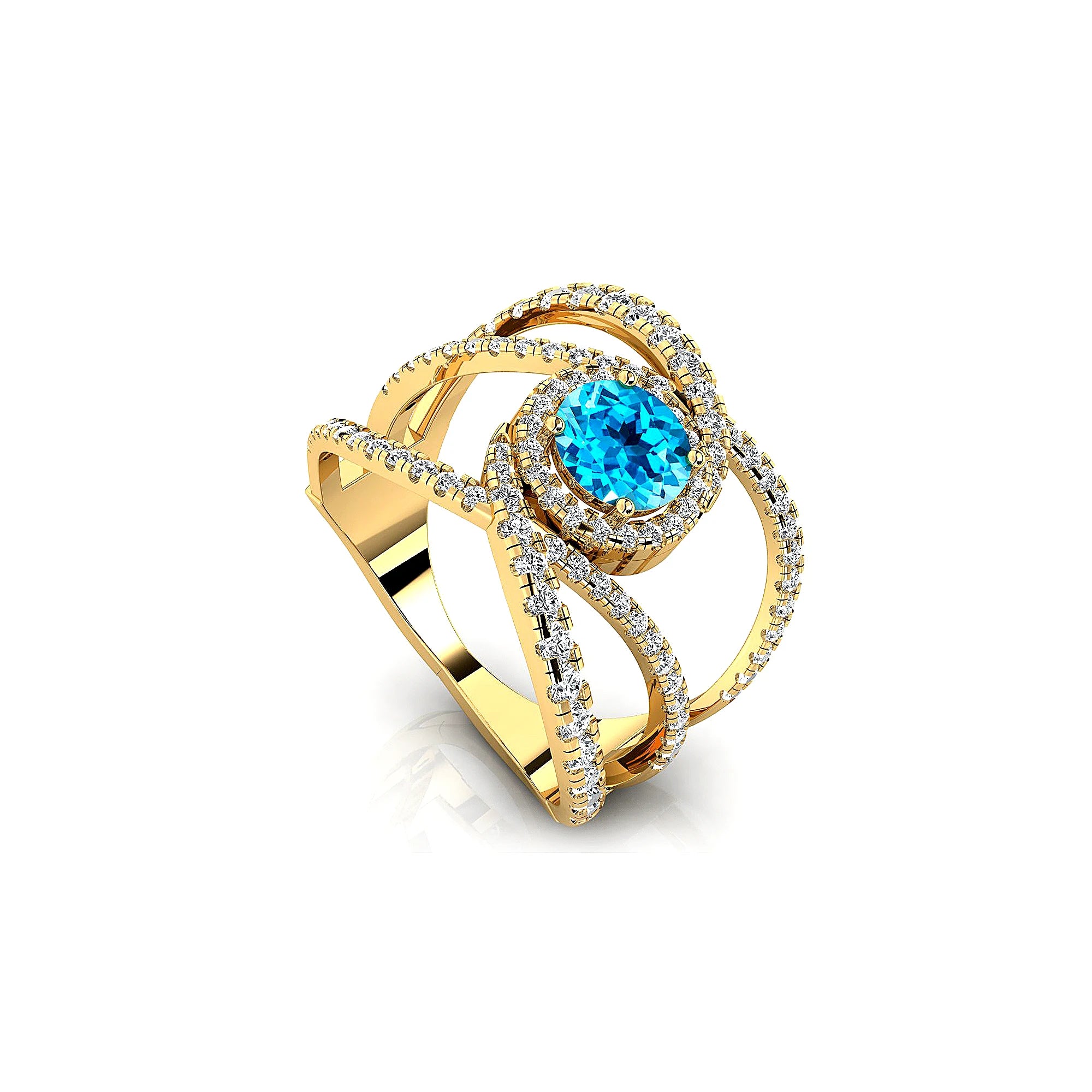 18k Solid Gold Rings Swiss Blue Topaz Gemstone Certified Diamonds Rhodium Plated Classic Party Gift Women's Engagement Halo Ring