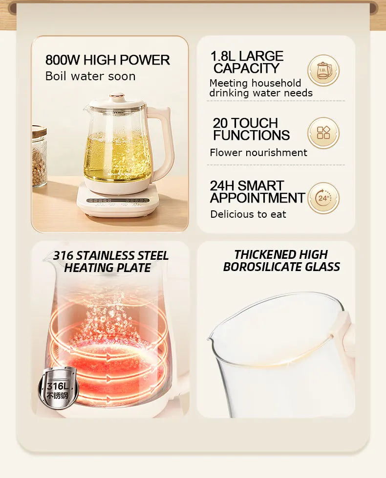 SUNATUR Kettles Electric Glass 220V Multifunction Health Pot Milk Fruit Tea Coffee Water 800W 24-hour Heat Preservation
