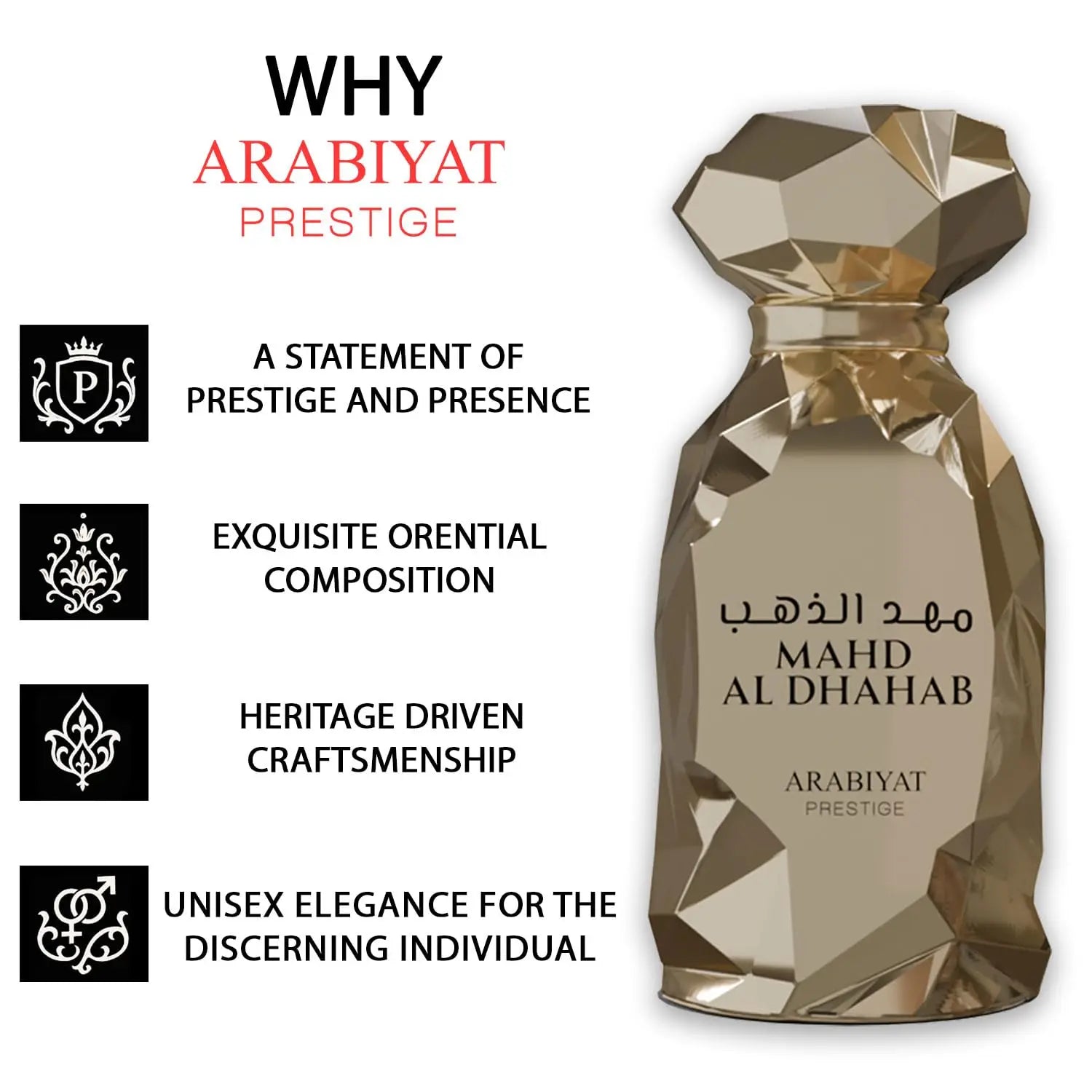 Arabiyat Prestige Mahd Al Dahab Eau de Parfum Spray for Unisex – Luxurious Woody, Fresh Spicy & Amber Scent, Long-Lasting Premium Arabian Fragrance, Perfect Gift, 100 ml / 3.4 fl oz