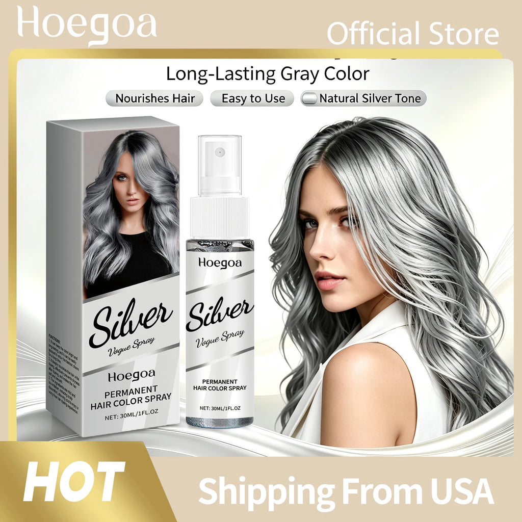 Hoegoa Permanent Silver Gray Hair Color Spray Vitamin E Coconut Oil Nourishing Roots Gray Coverage Even Tone No Wash Off Quick Dry Spray