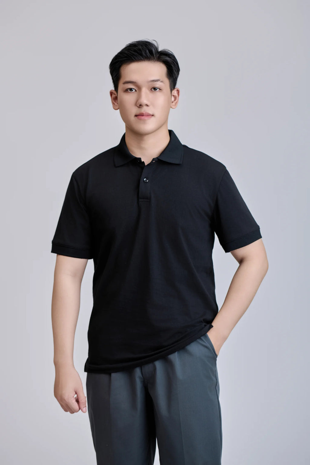 Front 200 Grams Short Sleeve Button Regular TC 60% Cotton +40% Polyester Casual Knitted for Shirt Black Vietnamese Made