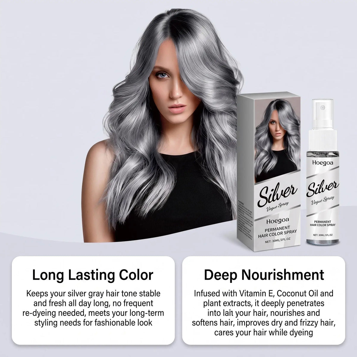 Hoegoa Permanent Silver Gray Hair Color Spray Vitamin E Coconut Oil Nourishing Roots Gray Coverage Even Tone No Wash Off Quick Dry Spray