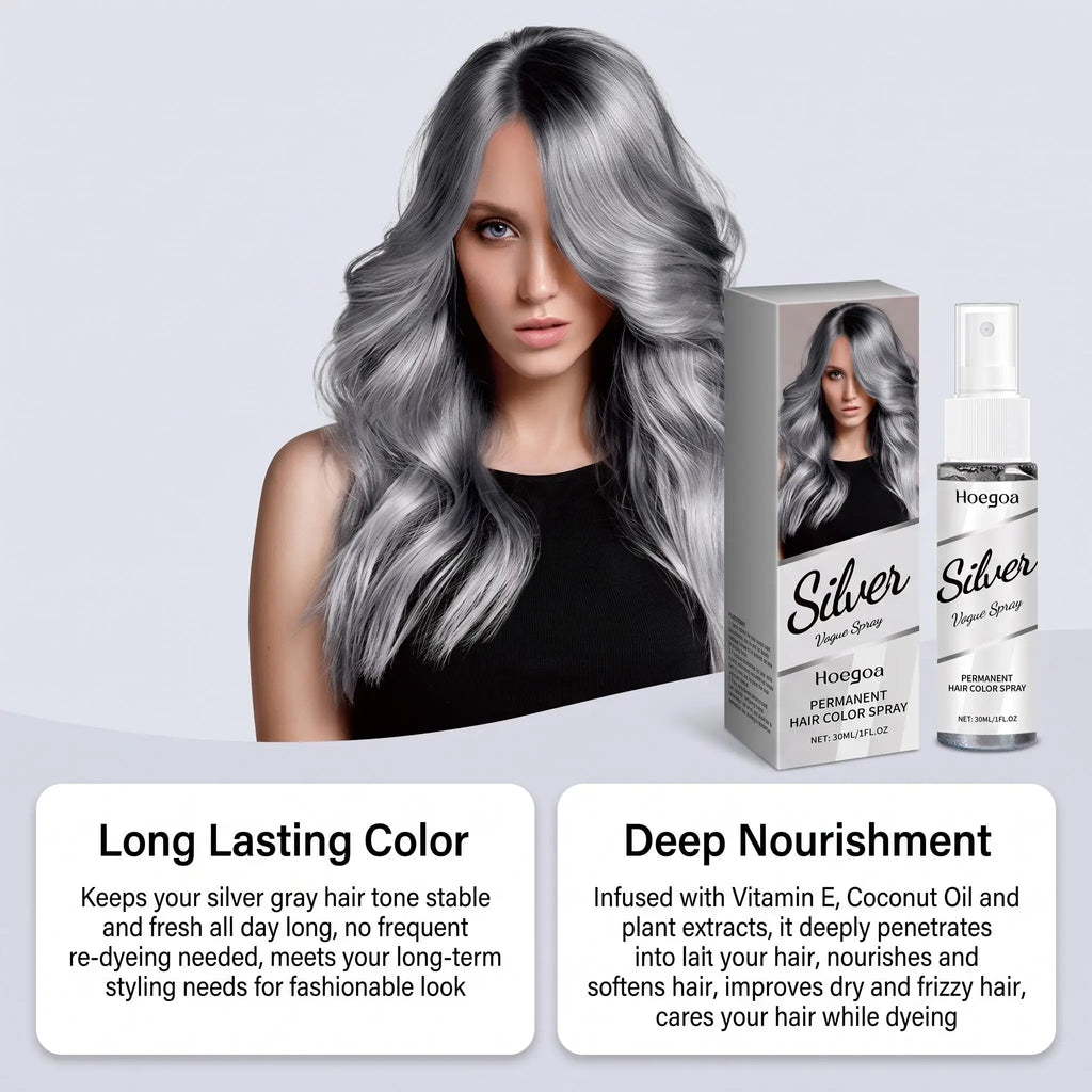 Hoegoa Permanent Silver Gray Hair Color Spray Vitamin E Coconut Oil Nourishing Roots Gray Coverage Even Tone No Wash Off Quick Dry Spray