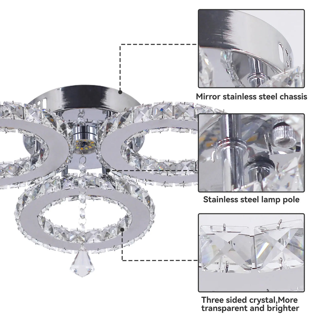 16.1 ''  Modern 3 Rings LED Ceiling Lights Nordic Style K9 Crystal Warm Light Ceiling Light for Living Room