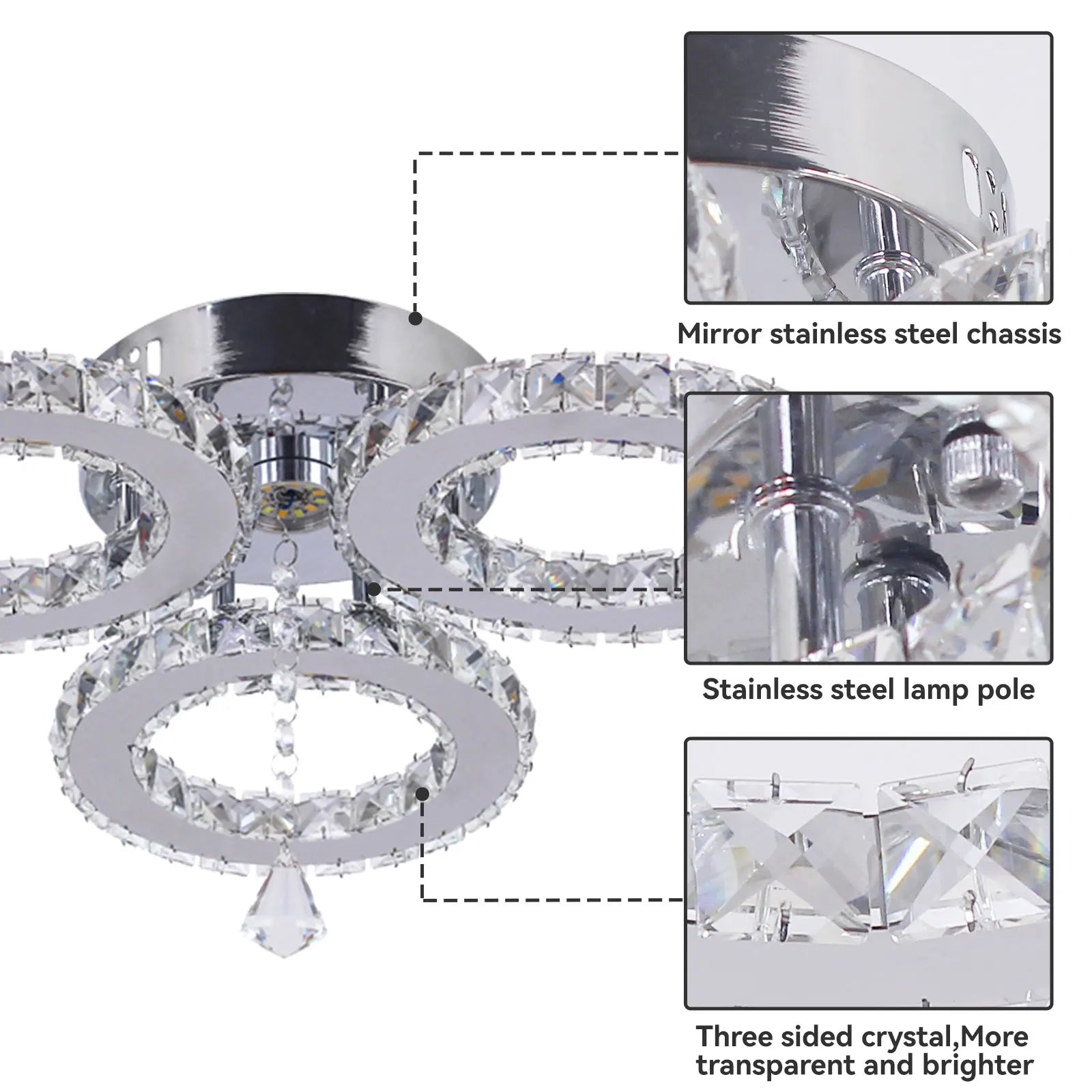 16.1 ''  Modern 3 Rings LED Ceiling Lights Nordic Style K9 Crystal Warm Light Ceiling Light for Living Room