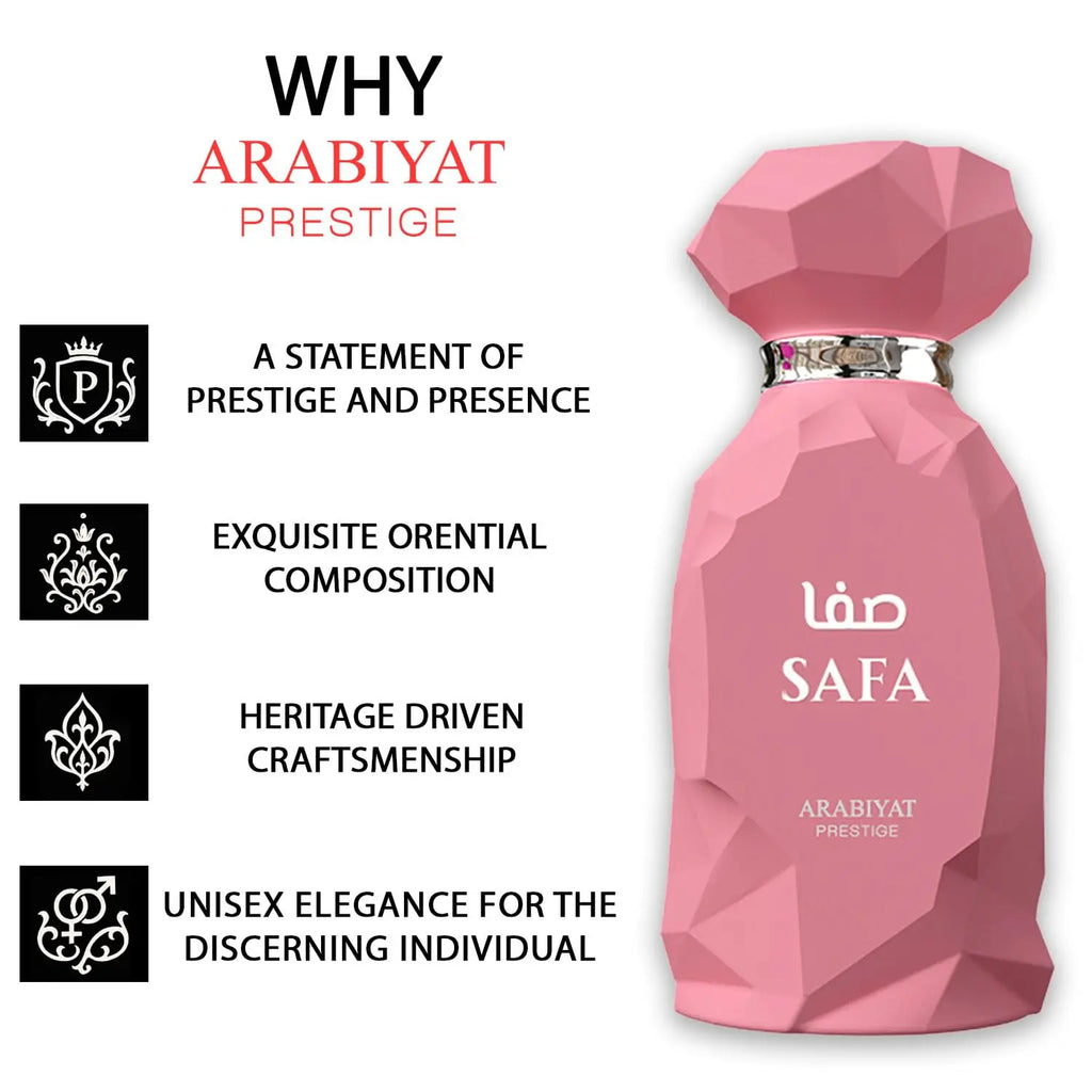 Arabiyat Prestige Safa Eau de Parfum Spray for Women – Elegant Floral, Sweet Fruity & Musk Scent, Long-Lasting Premium Arabian Fragrance, Perfect Gift, 3.4 fl oz / 100 ml