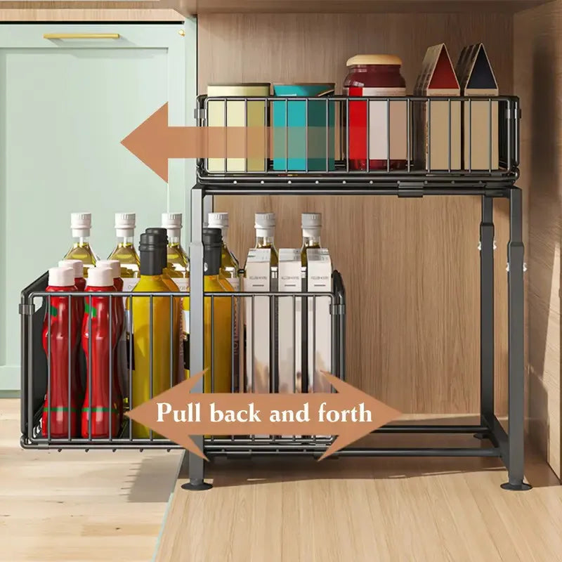 2 Tier Pull Out Cabinet Organizer Drawer Height Adjustable Kitchen Rack for Cabinet Under Sink Organizer Spice Jar Storage Shelf