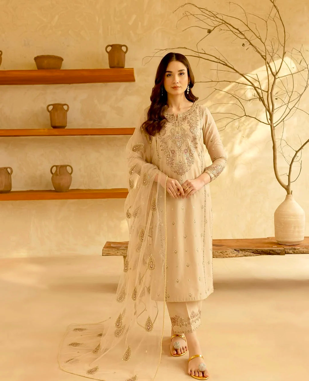 Women Vintage Designer Beige Embroidered Kurta Pant Dupatta Set Premium Festive Ethnic Wear All Seasons