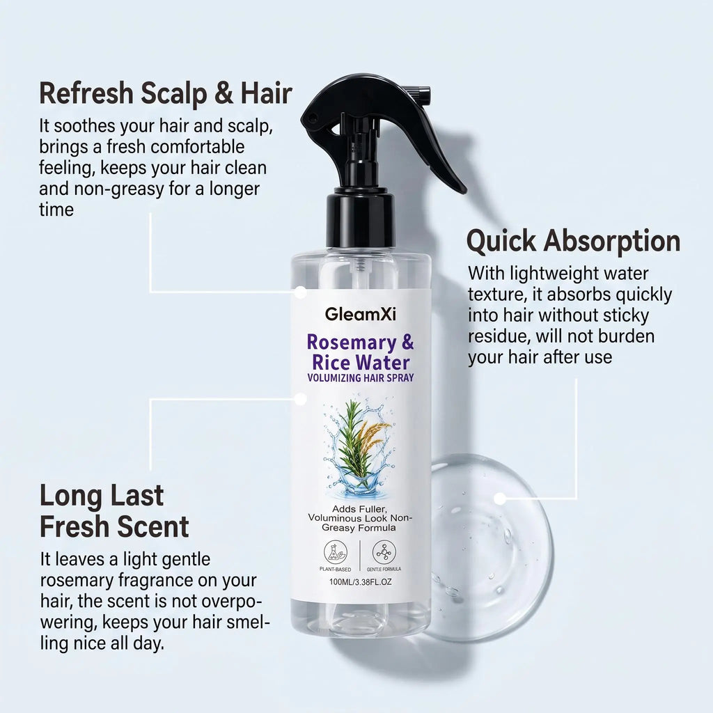 GleamXi Rosemary Rice Water Hair Care Spray Nourishing Strengthening Non-Greasy Volumizing Gentle Formula Shine Boosting Hair Mist