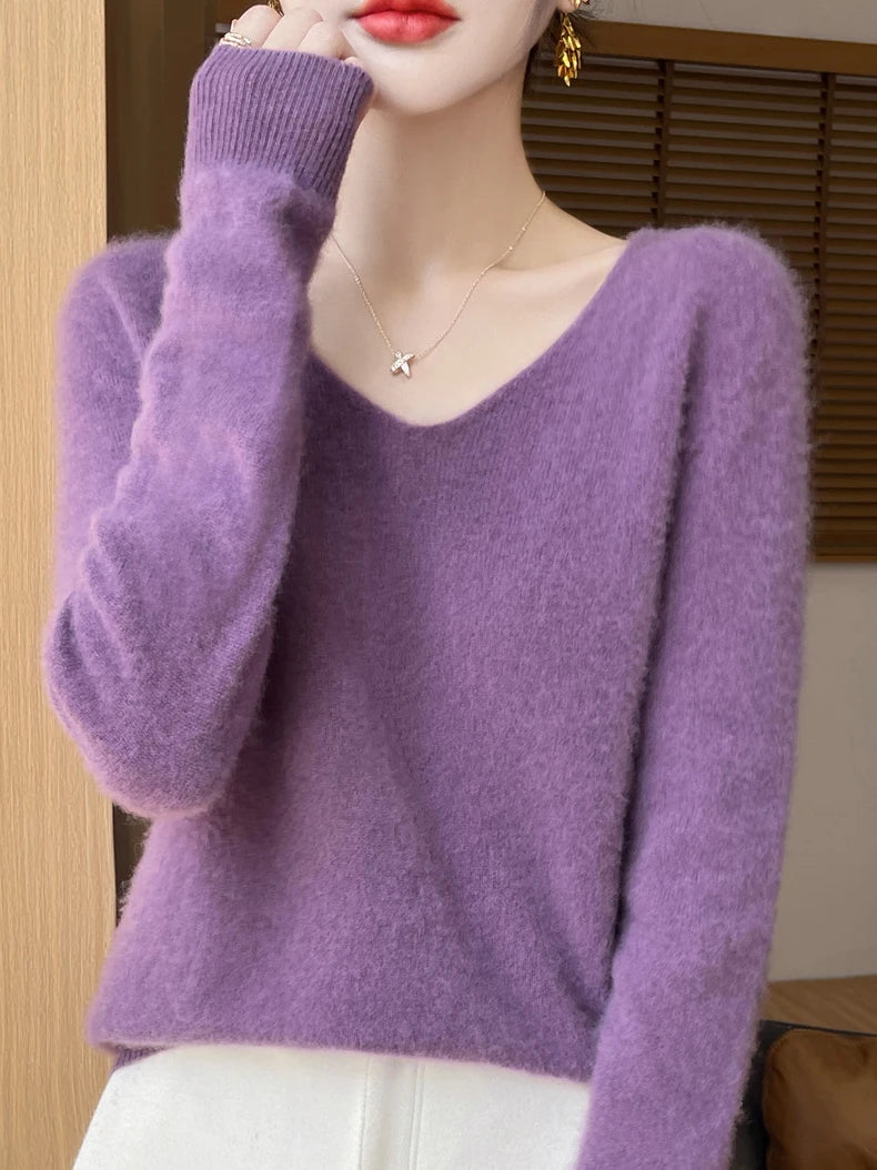 Sweater for Women 100% Merino Wool V Neck Sweater Fall Winter Basic Warm Pullovers Long Sleeve Soft Knit Jumpers Female Clothing