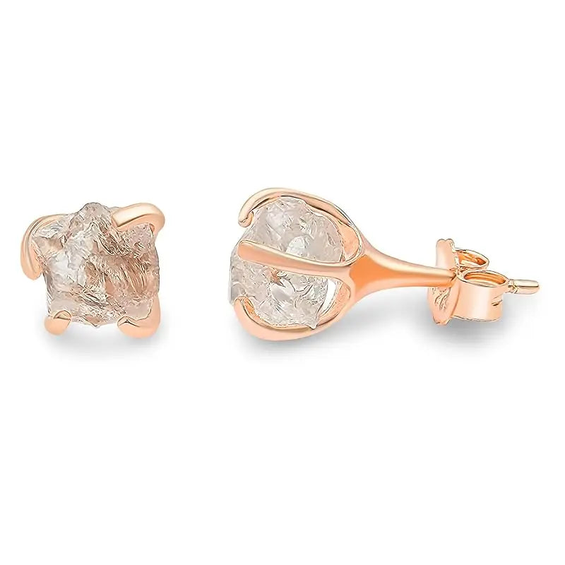 5-7mm Raw Crystal Quartz Stone Rose Gold Plated Prong Set Stud Earring Handmade Dainty Minimalist Clear Gemstone for Women