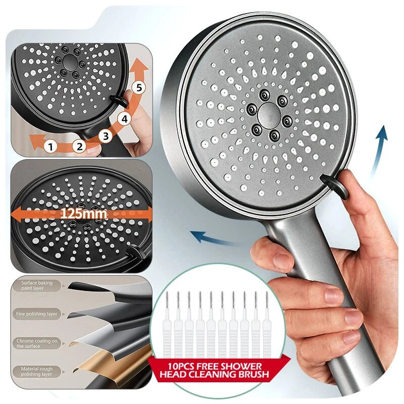 12.5cm Big Panel Shower Head,High Pressure Rainfall Shower Set Water Saving Shower,5 Modes Adjustable Shower Head Bathroom Tools